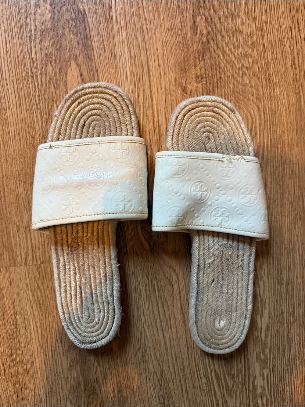 Tory Burch Cream Embossed Logo Slide Sandals